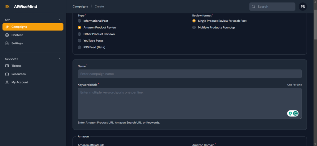 Create amazon reviews suing aiwisemind